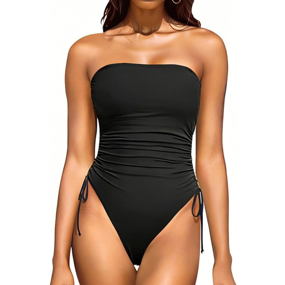 Yoniqe Women Black Strapless 1 Piece Swimsuit Ruched Tummy Control XS Cheeky Tie - Picture 2 of 8